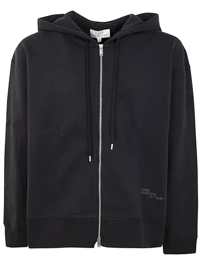 Studio Nicholson Fleece Back Zip Through Hoodie With Logo In Blue