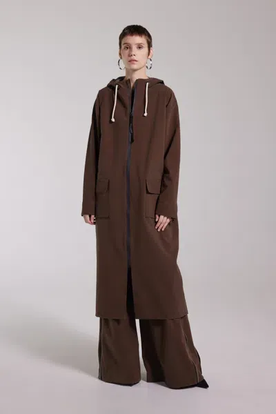 Stutterheim Sandviken Long Zip Matte Raincoat In Dark Brown