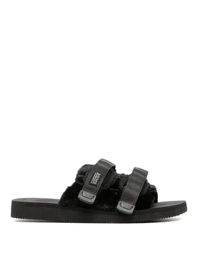 Suicoke Nylon And Eco Fur Sliders In Black