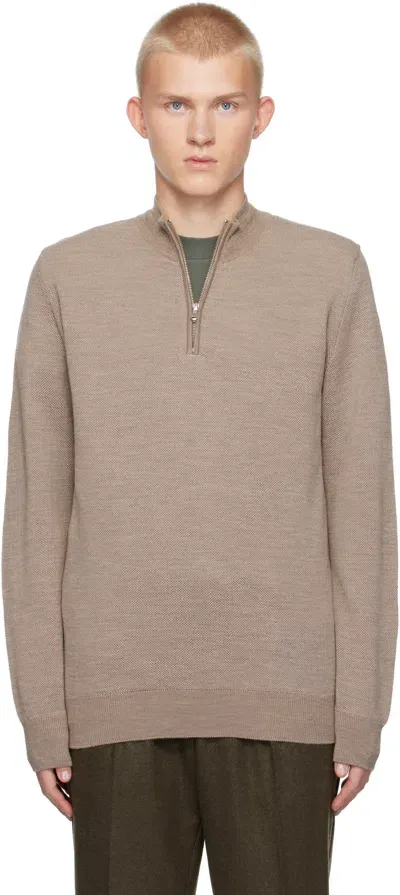 Sunspel Beige Merino Honeycomb Zip Neck Sweater In Light Sandstone