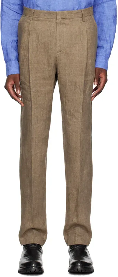 Sunspel Brown Pleated Linen Trousers In Dark Sand