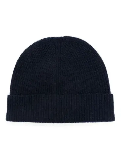 Sunspel Cashmere Ribbed Beanie Hat In Blue