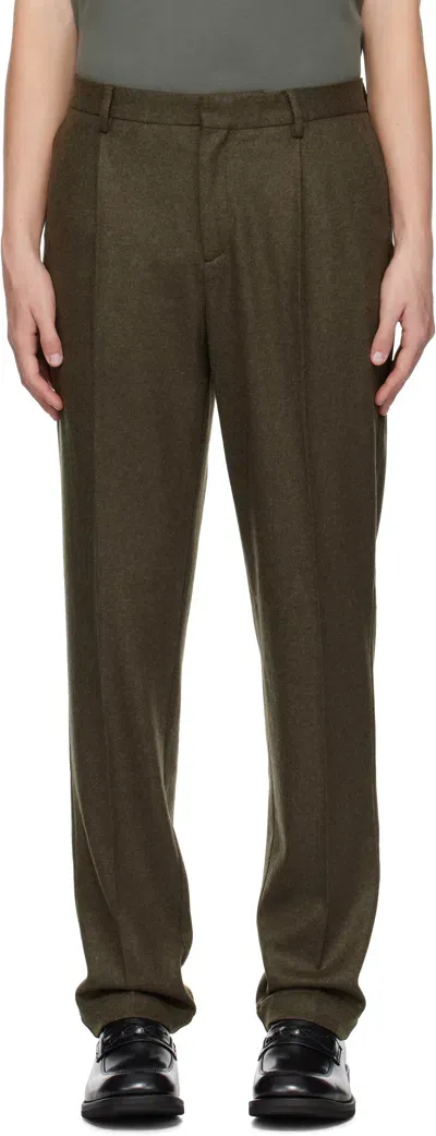 Sunspel Khaki Pleated Boiled Wool Trousers In Dark Khaki24