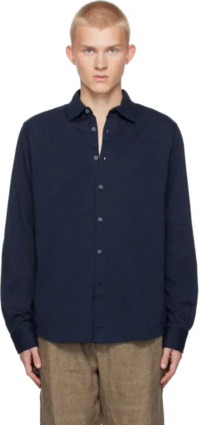 Sunspel Navy Cotton Cashmere Piqué Shirt In Navy Melange