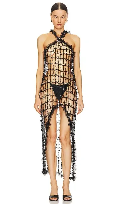 Susan Fang Crochet Beaded Sheer Dress In 黑色