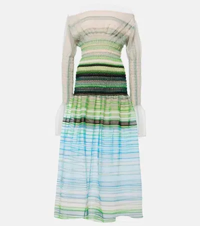 Susan Fang Striped Smocked Midi Dress In Green