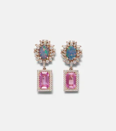 Suzanne Kalan 18kt Rose Gold Drop Earrings With Diamonds, Sapphire And Opal In Pink