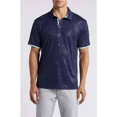 Swannies Haugen Tonal Tropical Print Golf Polo In Midnight-navy