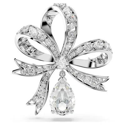 Swarovski Bow, White, Rhodium Plated Volta Brooch In Silver