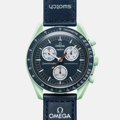 Pre-owned Swatch Omega X  Green And Blue Bioceramic Velcro Mission On Earth So33g100 Watch 42 Mm