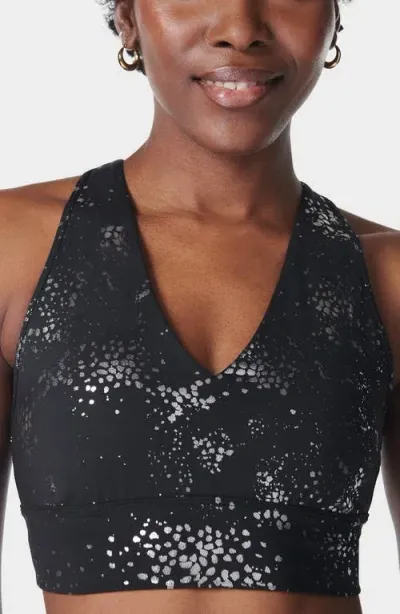 Sweaty Betty Glow Metallic Sports Bra In Black Fragment Foil Print