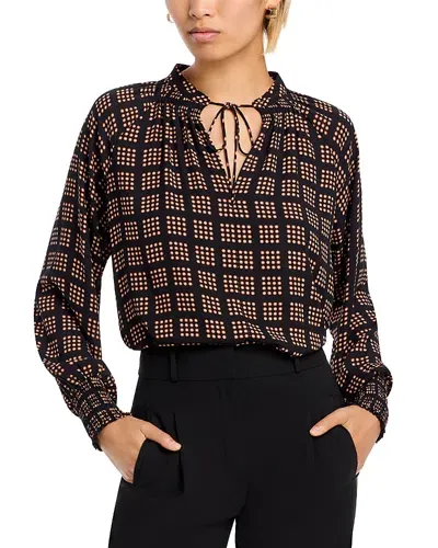 T Tahari Printed Split Neck Smocked Cuff Blouse In Icon Dot