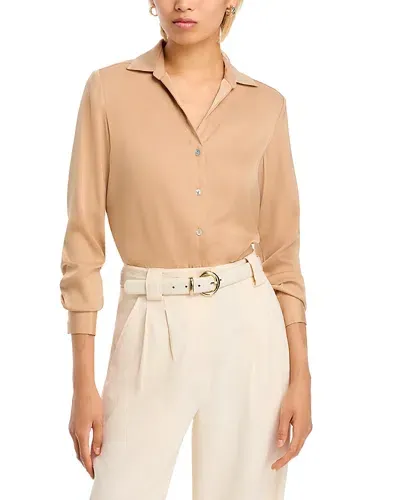 T Tahari Split Neck Button Front Blouse In Toasted Almond