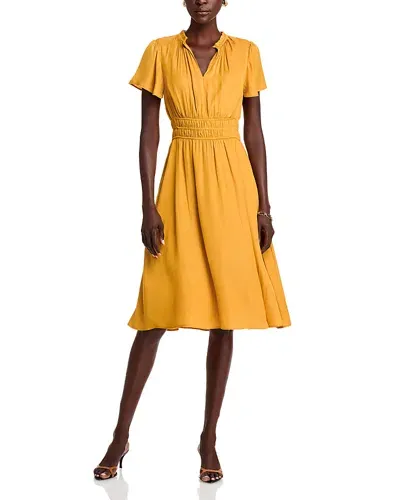 T Tahari Split Neck Midi Dress In Light Saffron