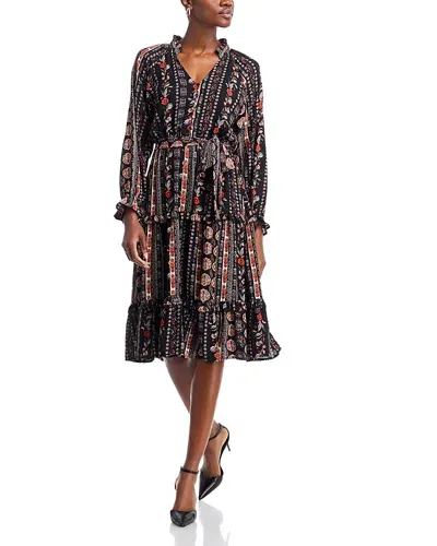 T Tahari Tiered Long Sleeve Midi Dress In Black Multi