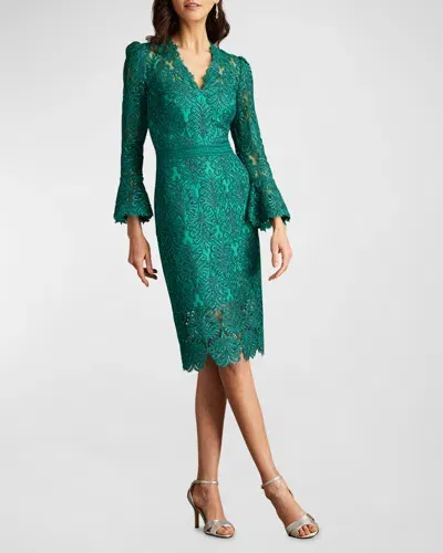 Tadashi Shoji Bell-sleeve Sequin Lace Dress In Pine