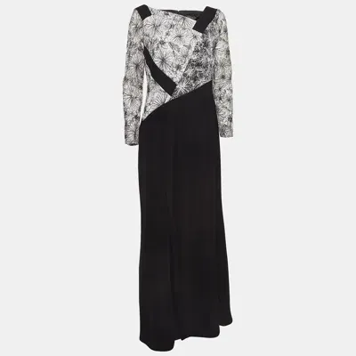 Pre-owned Tadashi Shoji Black/white Crepe & Embroidered Tulle Maxi Dress M