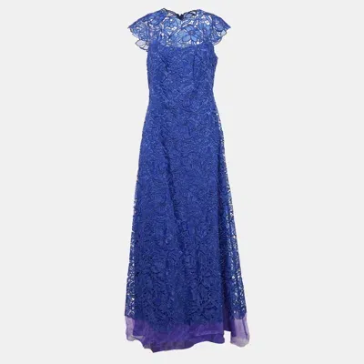 Pre-owned Tadashi Shoji Blue Floral Lace Gown L