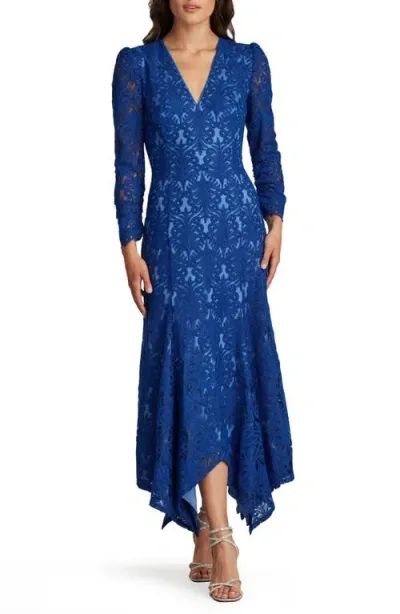 Tadashi Shoji Corded Embroidery Bracelet Sleeve Handkerchief Hem Dress In Mystic Blue