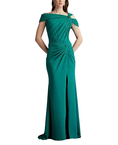 Tadashi Shoji Pleated Cold-shoulder Crepe Gown In Green