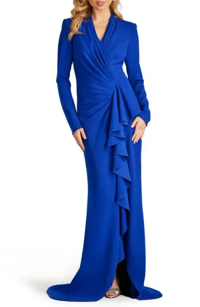 Tadashi Shoji Drape Ruffle Long Sleeve Stretch Crepe Gown In Mystic Blue