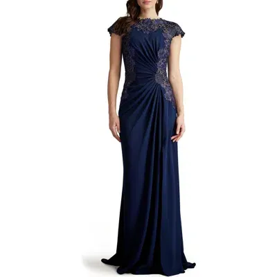 Tadashi Shoji Embroidered Side Ruched Cap Sleeve Gown In Blue