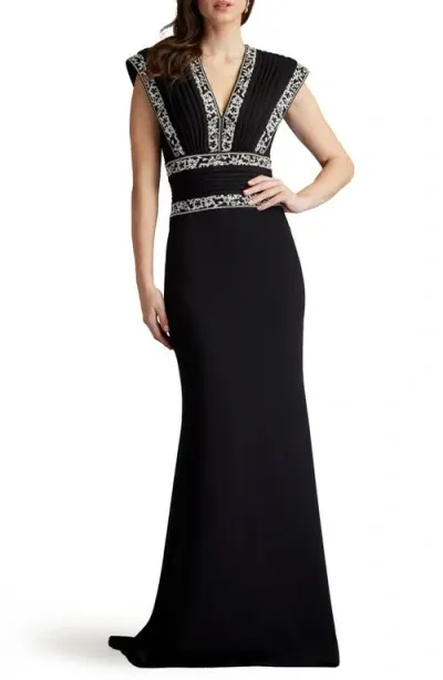 Tadashi Shoji Embroidered Trim V-neck Gown In Black/ivory