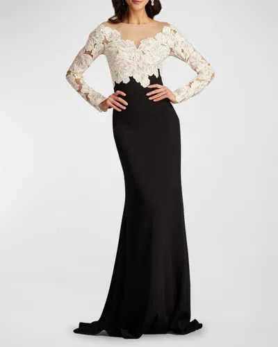 Tadashi Shoji Floral-embroidered Crepe Trumpet Gown In Black