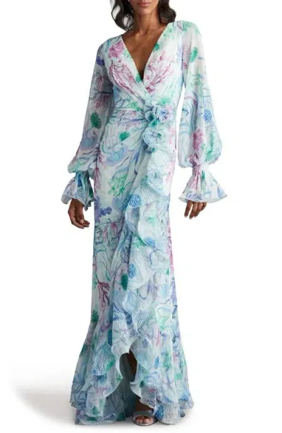 Tadashi Shoji Floral Long Sleeve Ruffle Gown In Multi