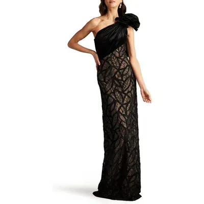 Tadashi Shoji Flower Detail Sequin Lace One-shoulder Gown In Black/nude