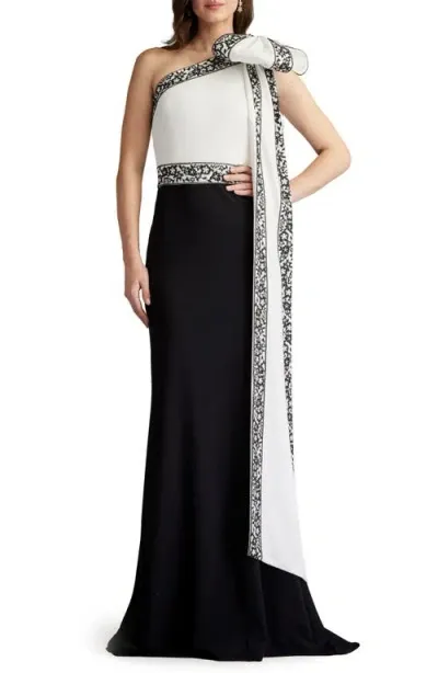 Tadashi Shoji Lace Detail One-shoulder Gown In Black