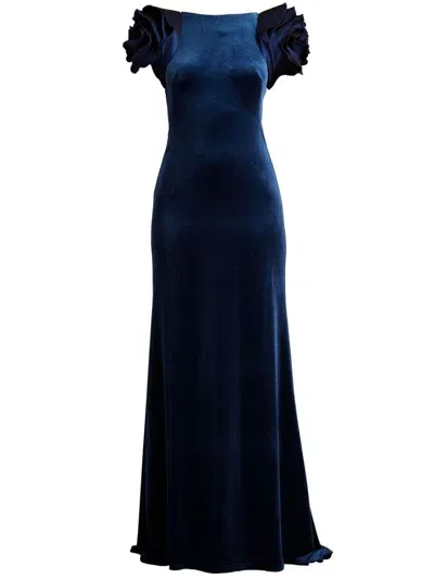 Tadashi Shoji Rose Shoulder Velvet Gown In Navy