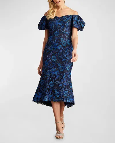 Tadashi Shoji Off-shoulder Floral-embroidered Midi Dress In Blue