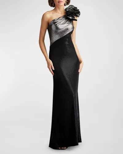 Tadashi Shoji One-shoulder Metallic Jersey Gown In Steel/black