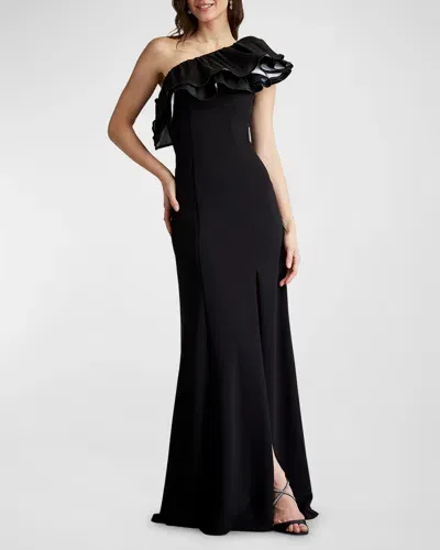 Tadashi Shoji One-shoulder Ruffle Crepe Gown In Black