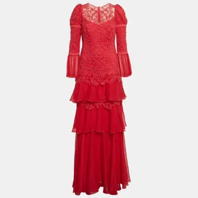 Pre-owned Tadashi Shoji Pink Chiffon And Lace Tiered Moreau Gown S