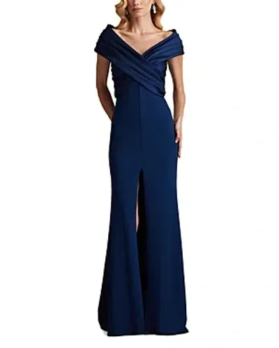 Tadashi Shoji Pleated Bodice Off Shoulder Gown In Navy