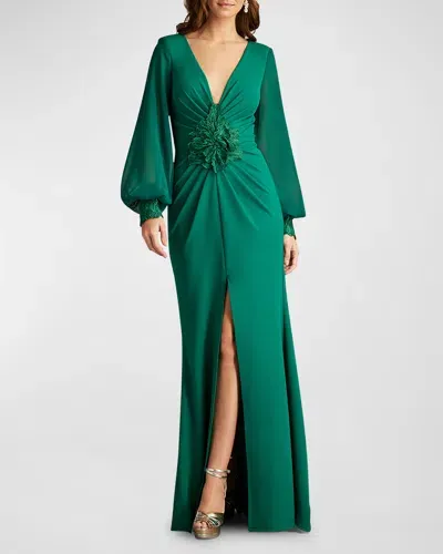 Tadashi Shoji Pleated Front-slit Crepe Gown In Green