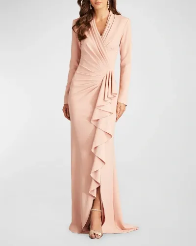 Tadashi Shoji Pleated Long-sleeve Ruffle Crepe Gown In Pale Pink