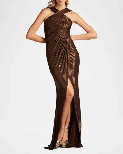 Tadashi Shoji Pleated Metallic Jersey Column Gown In Brown