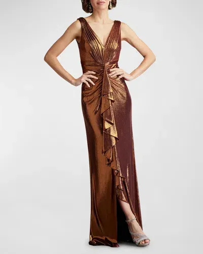 Tadashi Shoji Pleated Metallic Jersey Column Gown In Copper