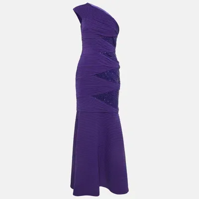 Pre-owned Tadashi Shoji Purple Embellished Knit One Shoulder Gown Xs