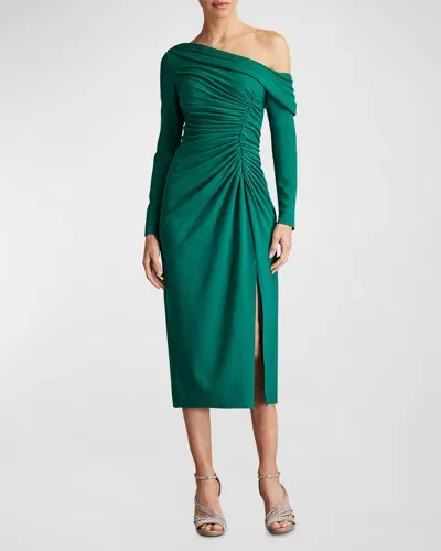 Tadashi Shoji Ruched One-shoulder Crepe Midi Dress In Emerald