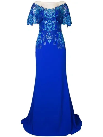 Tadashi Shoji Ruffled Sleeve Illusion Gown In Blue