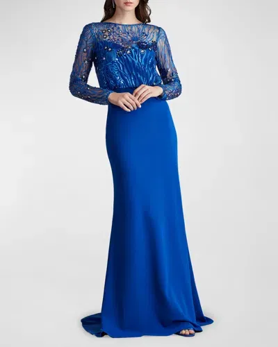 Tadashi Shoji Blouson Sequin Long Sleeve Gown In Mystic Blue