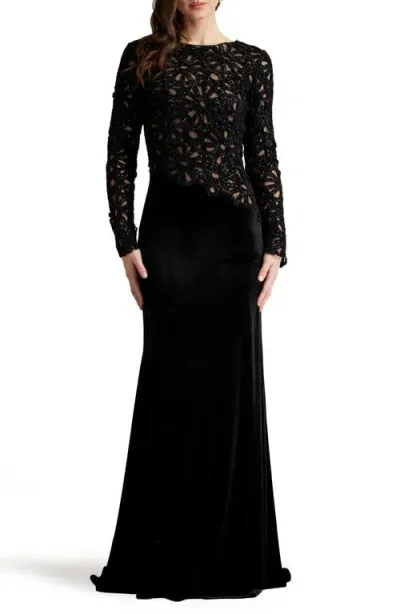 Tadashi Shoji Sequin Lace Bodice Long Sleeve Velvet Gown In Black/nude