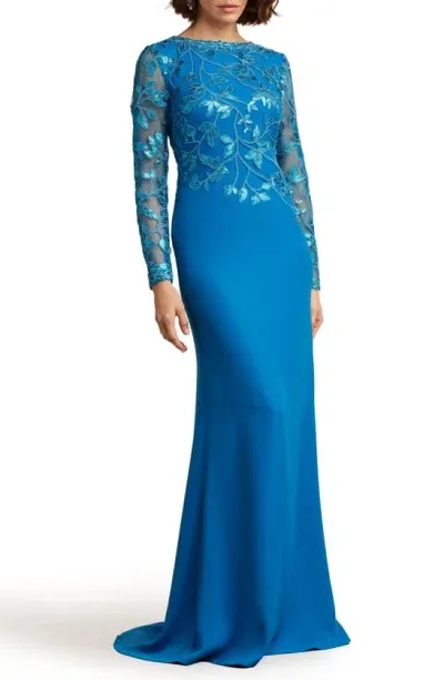 Tadashi Shoji Sequin Lace Long Sleeve Crepe Gown In Deep Ocean