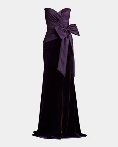 Tadashi Shoji Strapless Taffeta & Velvet Bow Gown In Plum