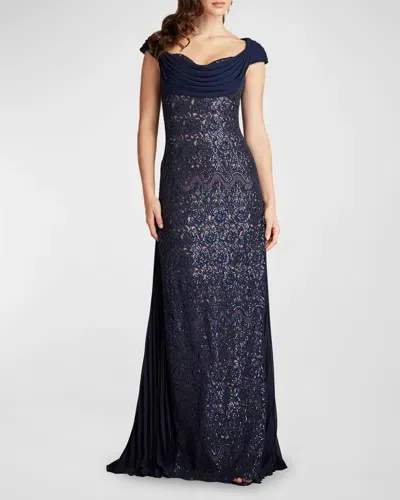 Tadashi Shoji Sweetheart Sequin Lace Gown In Royal Navy/nude