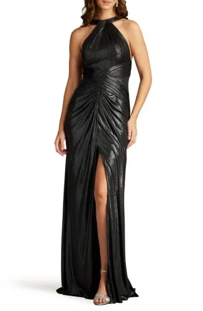 Tadashi Shoji Twist Halter Neck Metallic Jersey Gown In Titanium